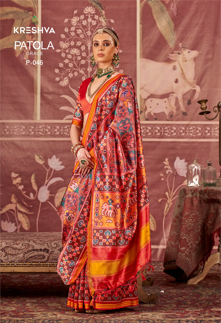 Red & Yellow Patan Patola Silk Saree with Multicolour Ikat Motifs P46