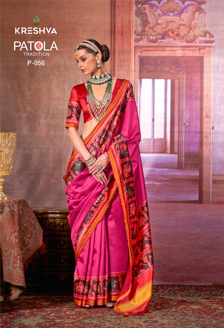 Rani Pink & Red Patola Soft Silk Saree with Traditional Ikat Border & Pallu P56