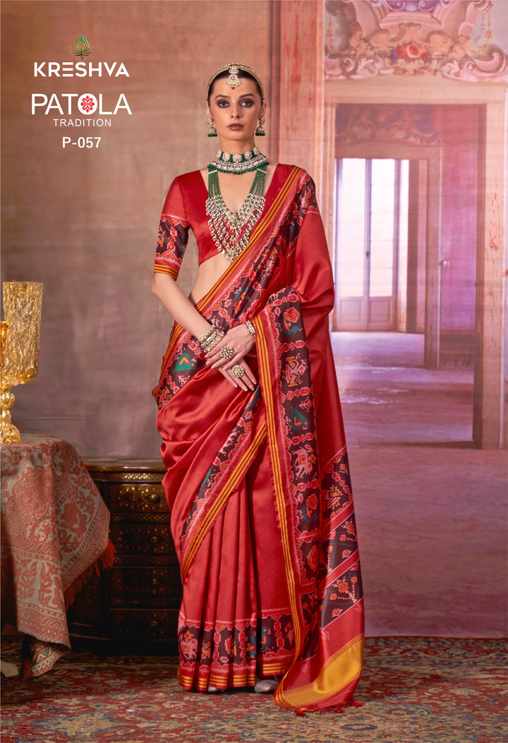 Rich Red Patan Traditional Soft Silk Saree with Black Ikat Border & Pallu P57