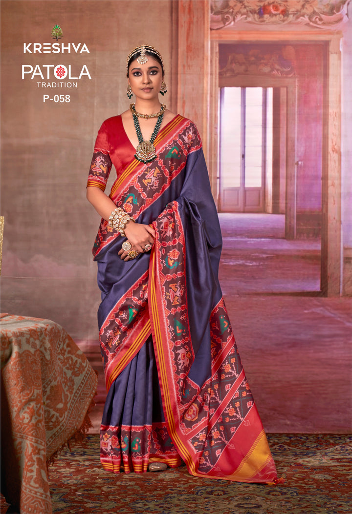 Royal Purple & Red Patan Traditional Soft Silk Saree with Classic Ikat Border & Pallu P58