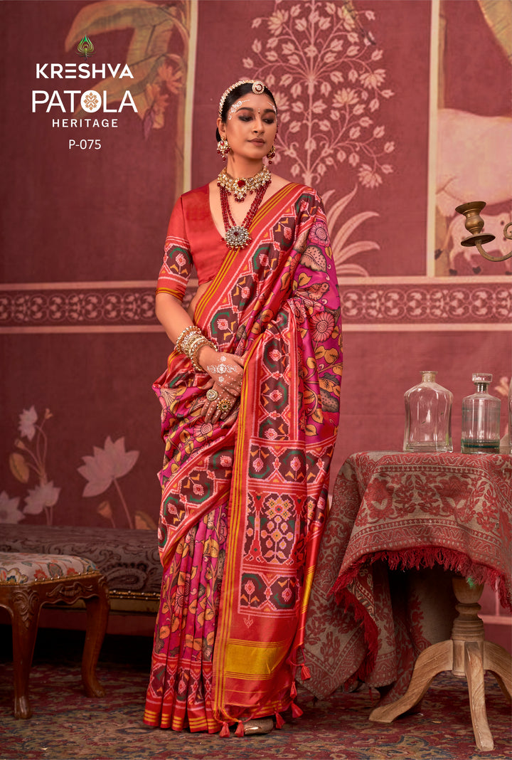 Pink & Maroon Patan Patola Silk Saree with Multicolour Ikat Weaving P75