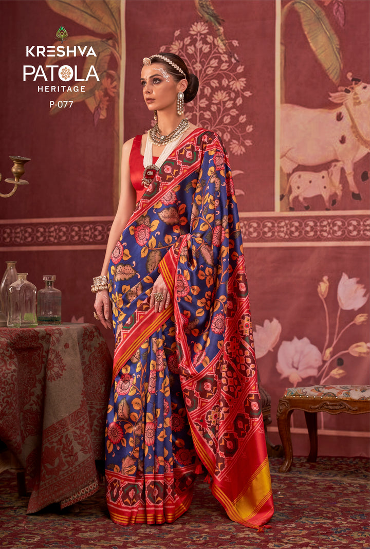 Royal Blue Patan Patola Silk Saree with Floral & Ikat Weave Detailing P77