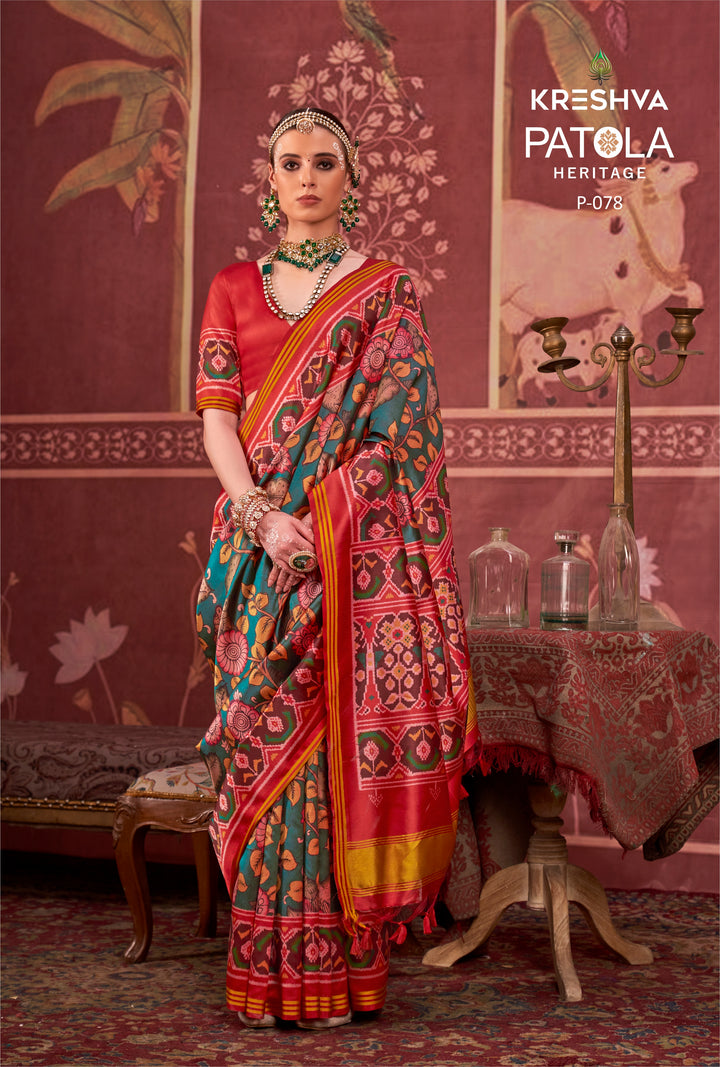 Teal Green & Red Patan Patola Silk Saree with Floral & Ikat Weave Motifs P78