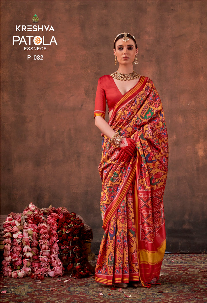 Mustard Yellow Patan Patola Silk Saree with Multicolour Ikat Motifs P82