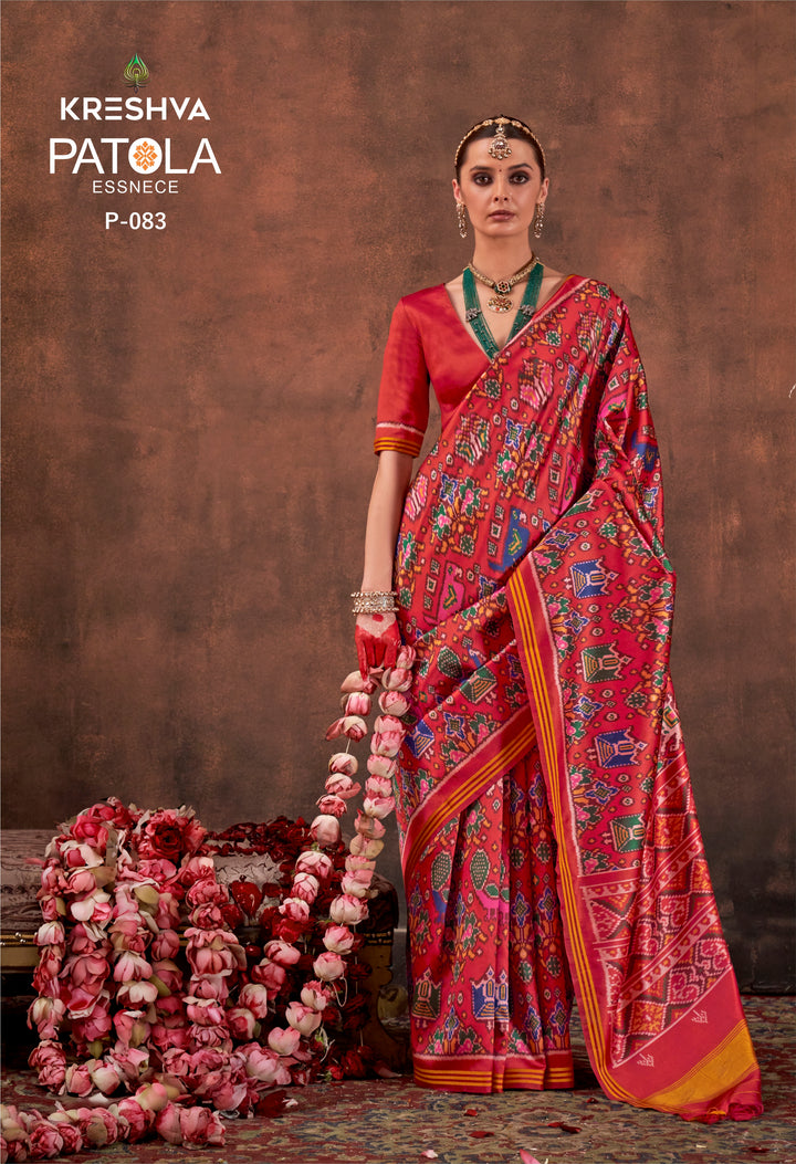 Red Patan Patola Silk Saree with Multicolour Ikat Motifs P83