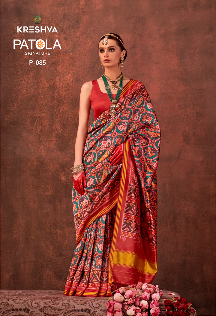 Teal Green & Maroon Signature Patan Patola Soft Silk Saree with Multicolour Ikat Weaving P85