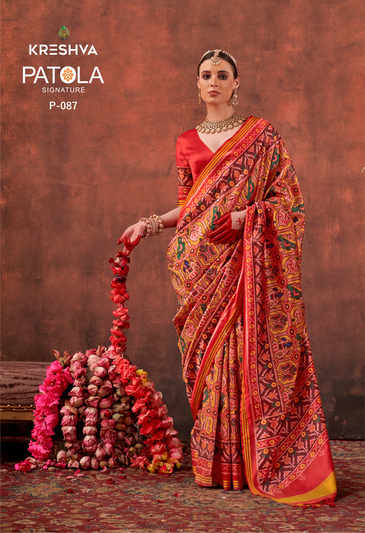 Red & Multicolour Signature Patan Patola Soft Silk Saree with Traditional Ikat Hexagon Motifs P87