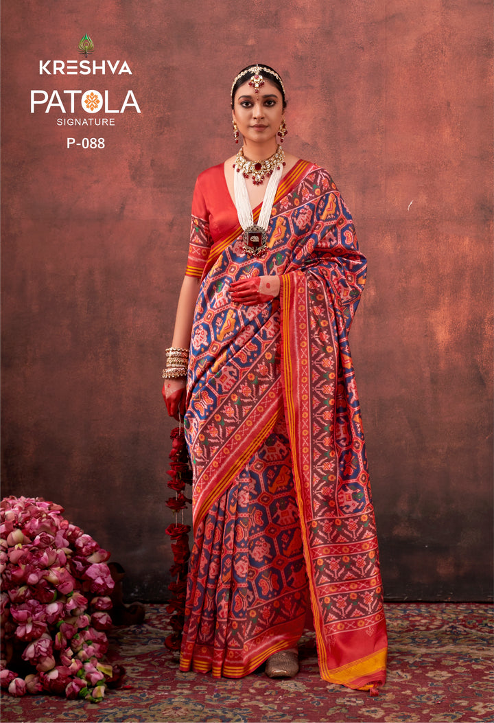 Blue & Red Signature Patan Patola Soft Silk Saree with Traditional Ikat Hexagon Motifs P88