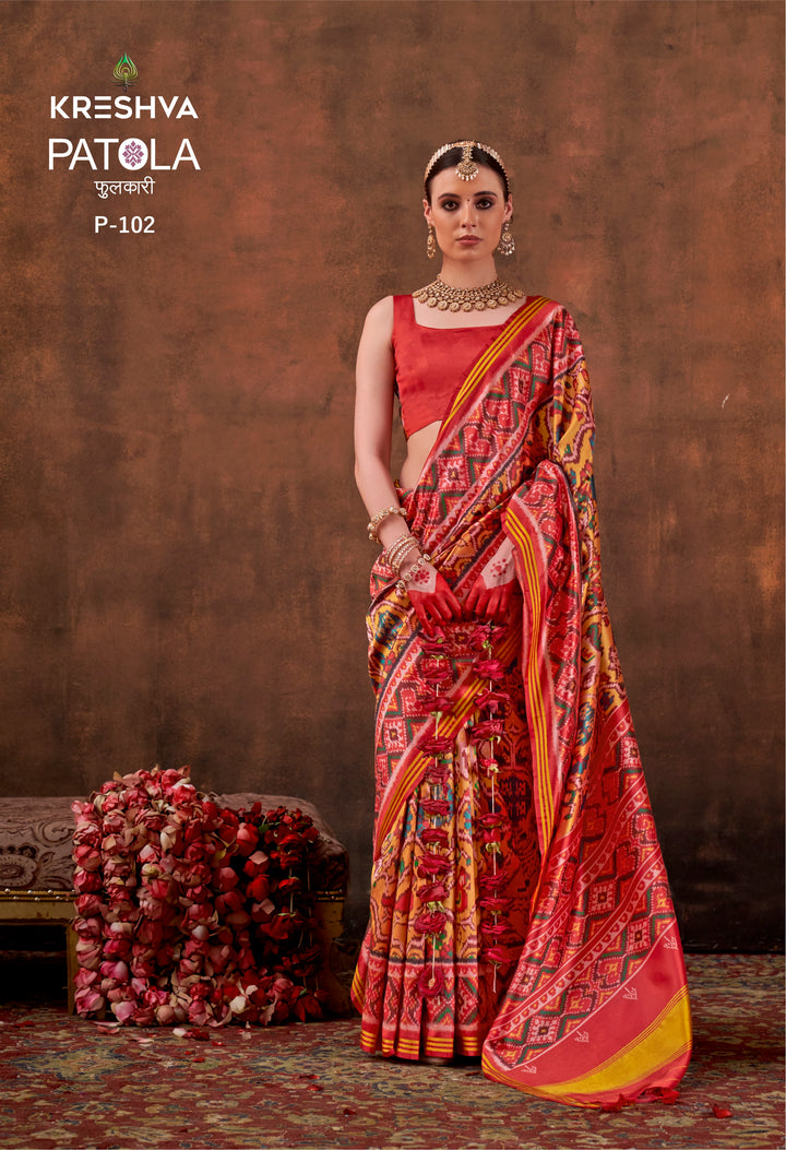 Red & Yellow Patan Patola Soft Silk Saree with Traditional Ikat Weaving P102