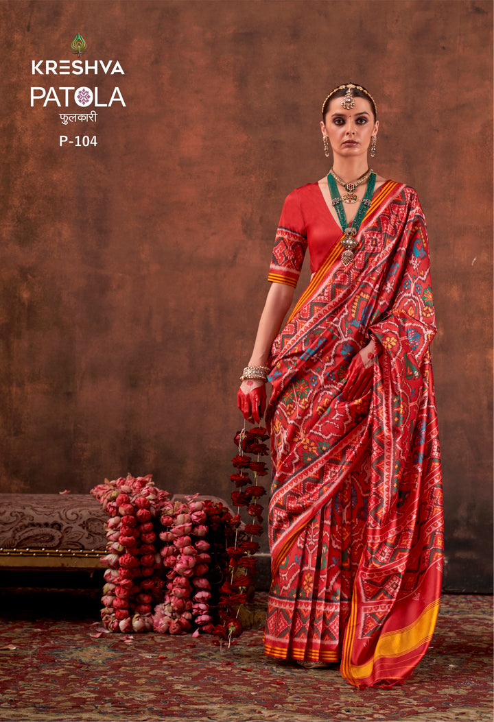 Red Patan Patola Soft Silk Saree with Traditional Ikat Weaving 104