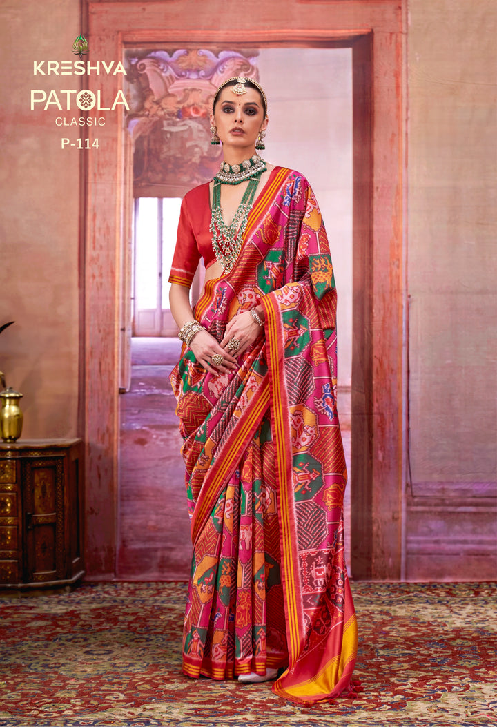 Green Patan Patola Style Silk Saree with Multicolour Ikat Motifs