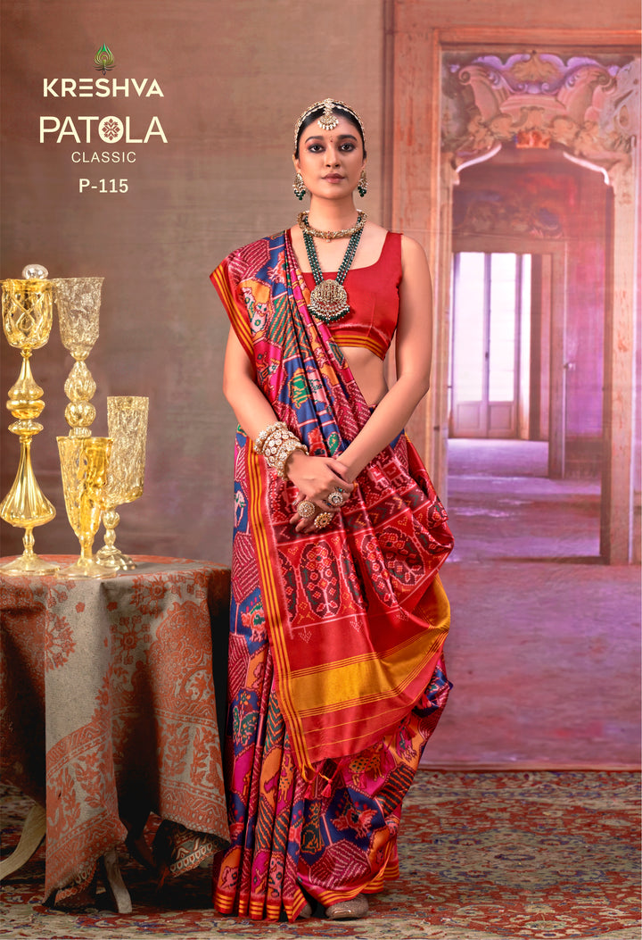 Rich Blue Patan Patola Style Silk Saree with Multicolour Ikat Motifs