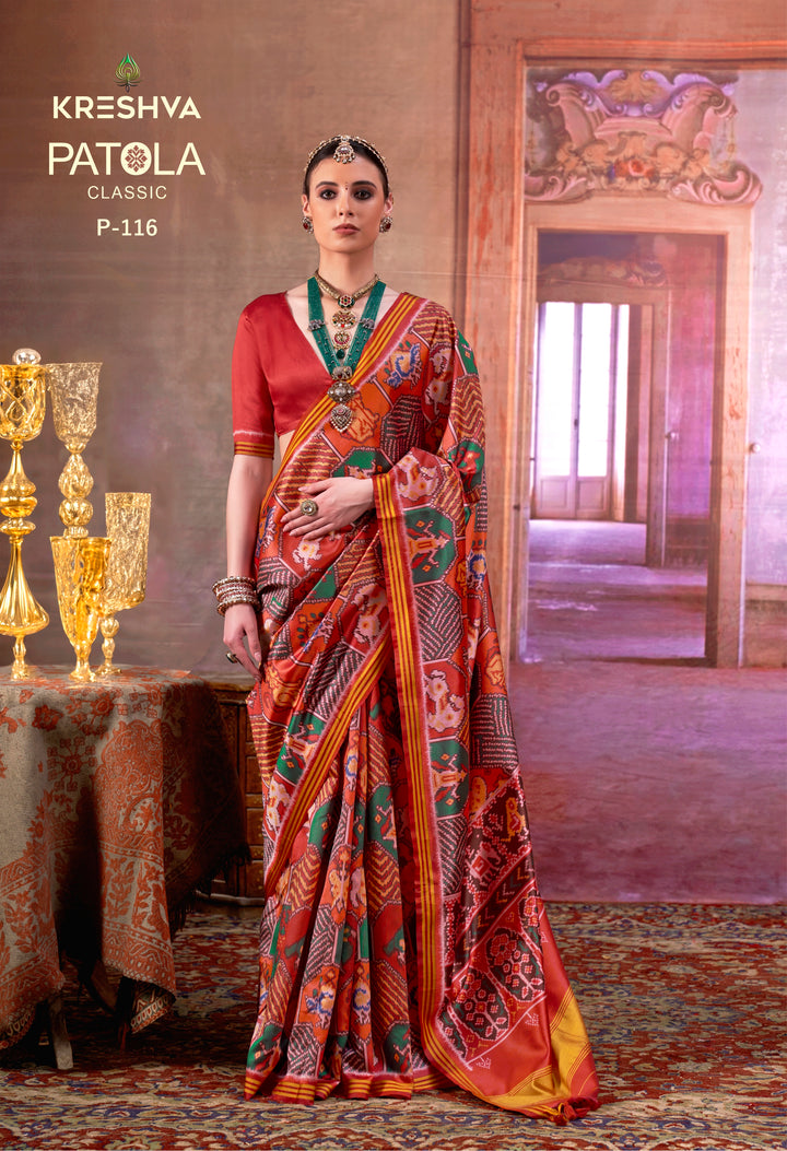 Red Patan Patola Inspired Silk Saree with Multicolour Ikat Weaving