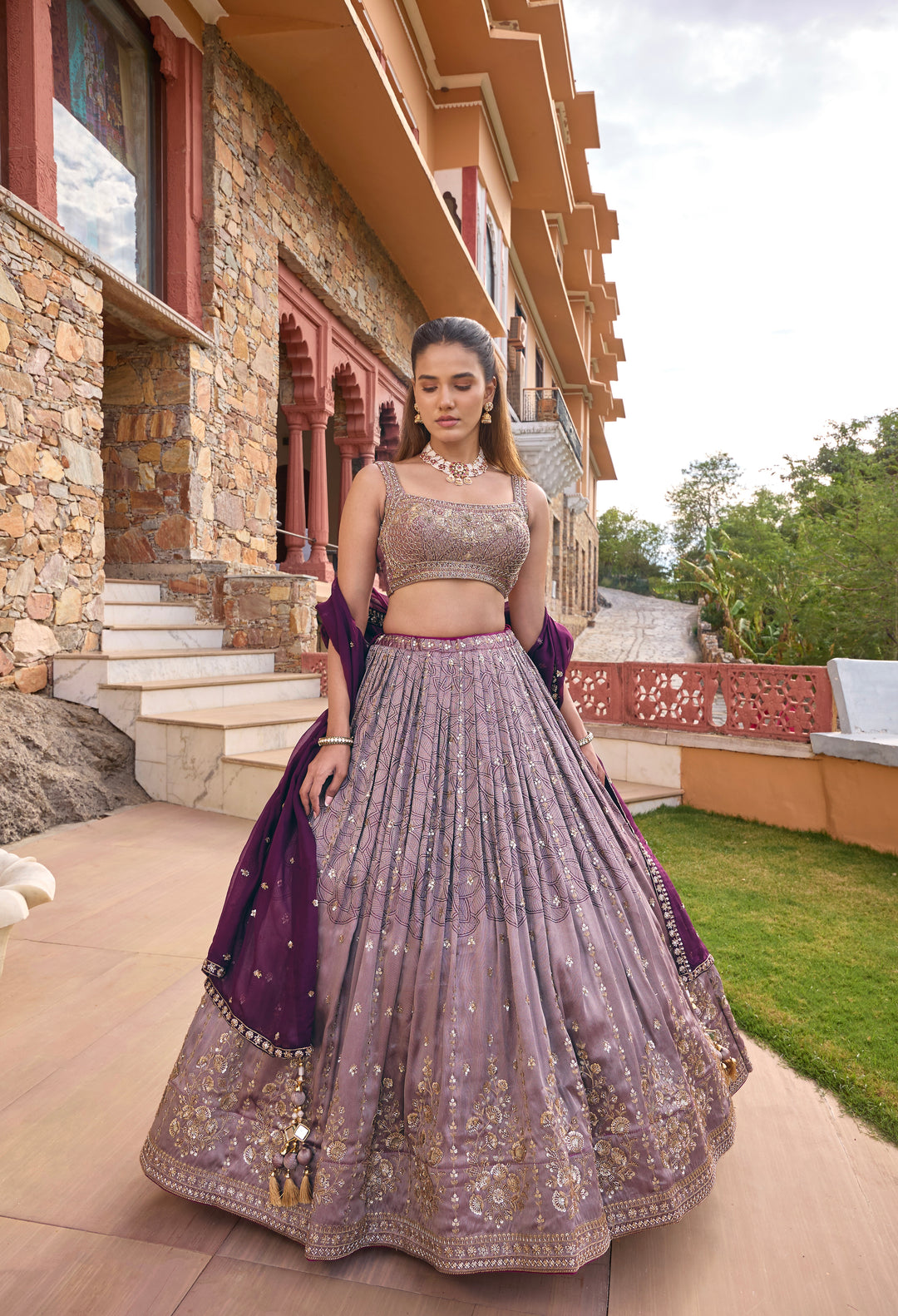 Dusty Mauve Embroidered Bridal Lehenga Choli Set with Wine Dupatta