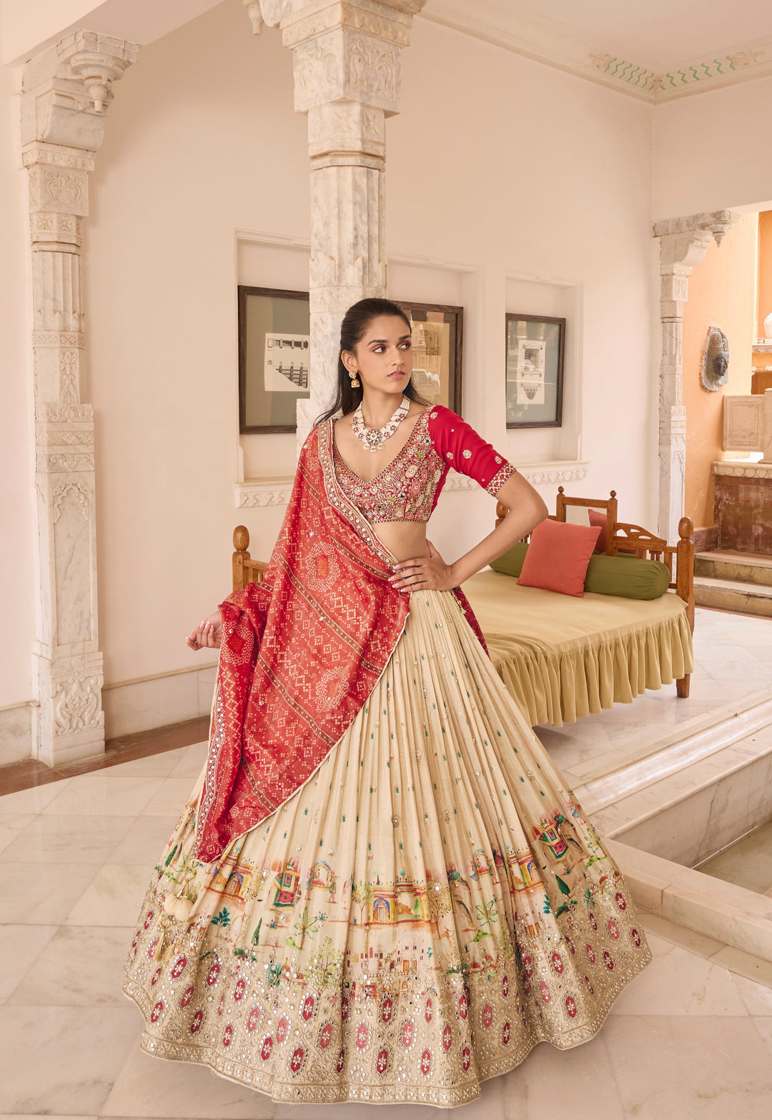Ivory Bridal Lehenga with Red Bandhani Dupatta & Artistic Embroidered Border