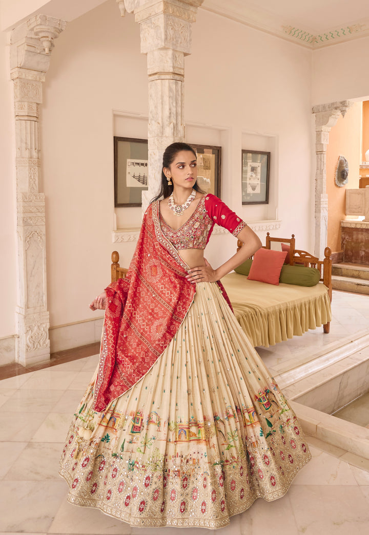 Ivory Bridal Lehenga with Red Bandhani Dupatta & Artistic Embroidered Border