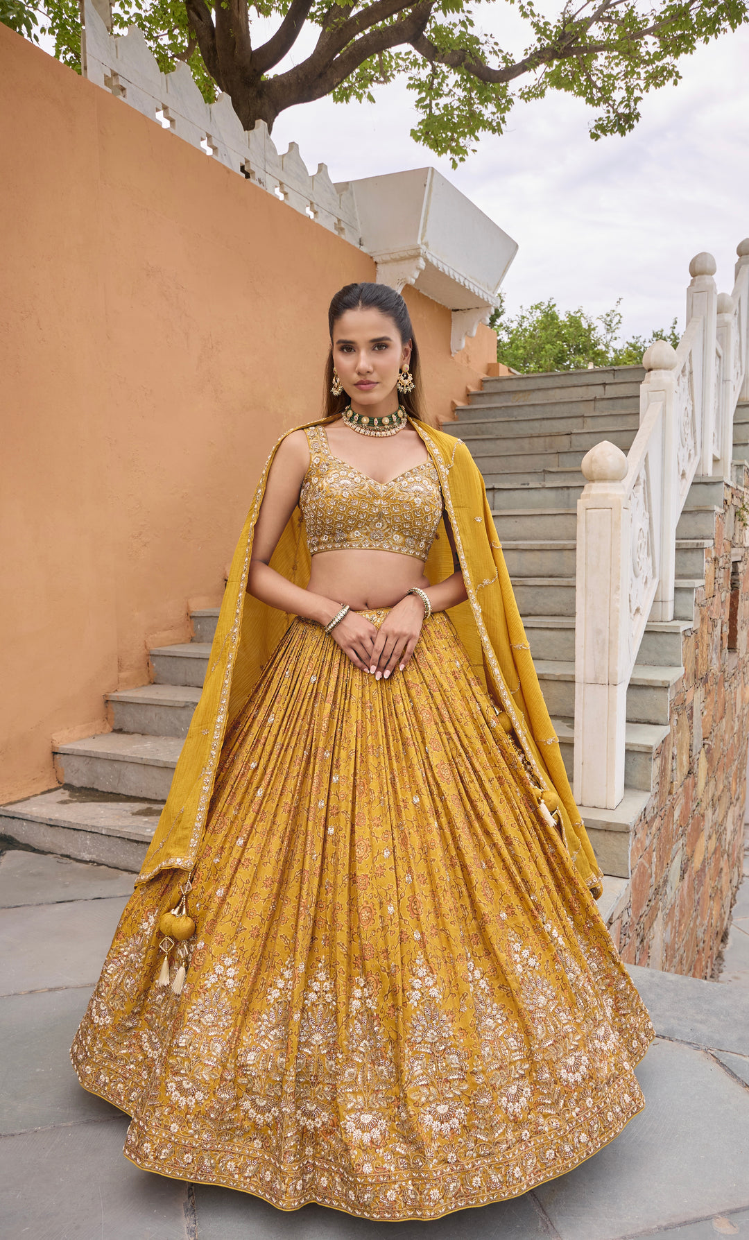 Mustard Yellow Embroidered Bridal Lehenga Choli Set