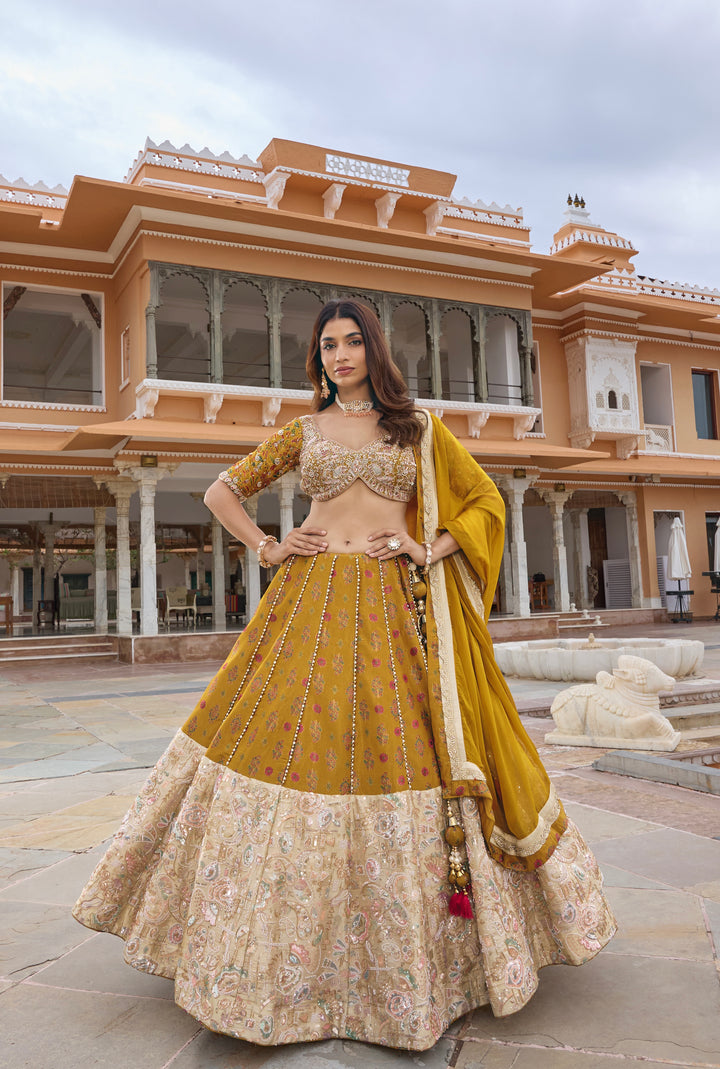 Mustard Yellow & Ivory Embroidered Bridal Lehenga Choli Set