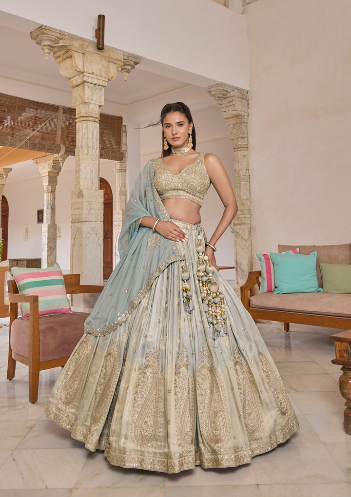 Ice Blue & Ivory Embroidered Bridal Lehenga Choli Set