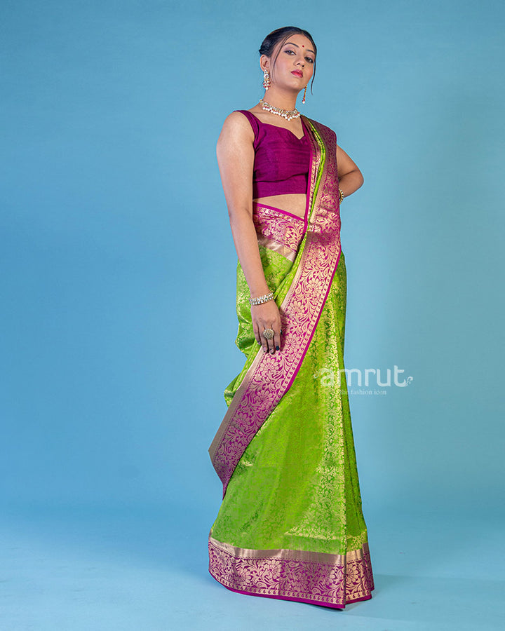 Parrot Green Handloom Banarasi Silk Saree With Meenakari Border and Unstitched Blouse