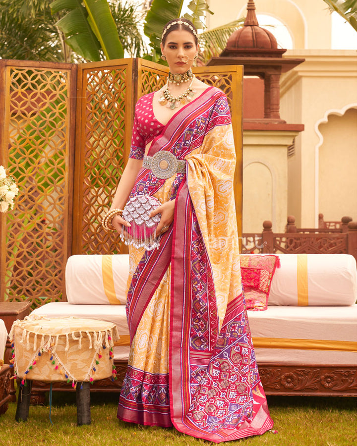 Pastel Orange Ikat Weave Printed Saree With Contrast Pallu