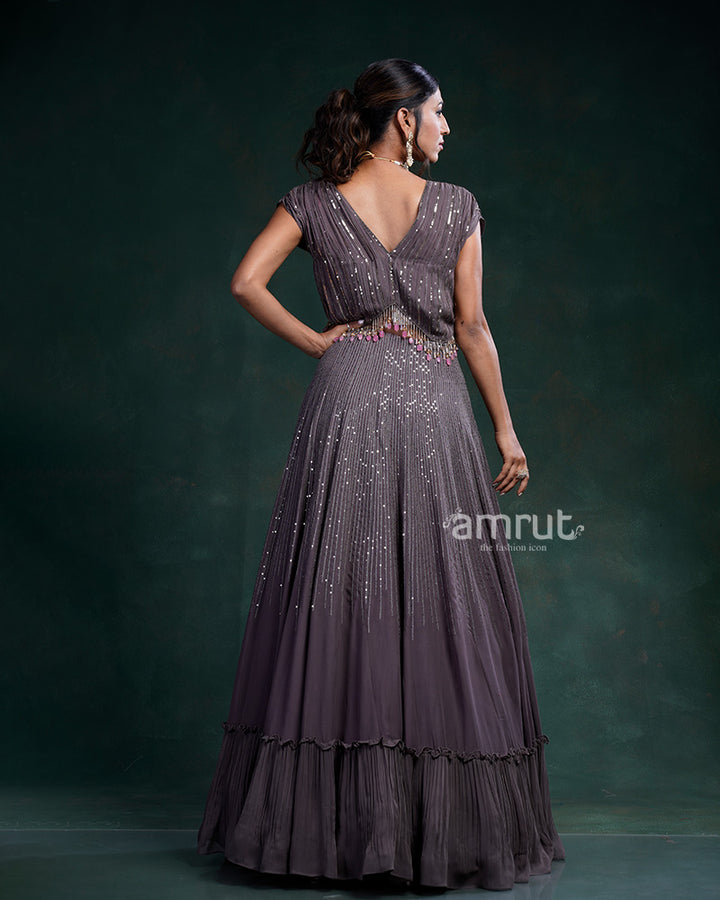 Pastel Purple Sequins Embroidered Party Gown in Crushed Shimmer