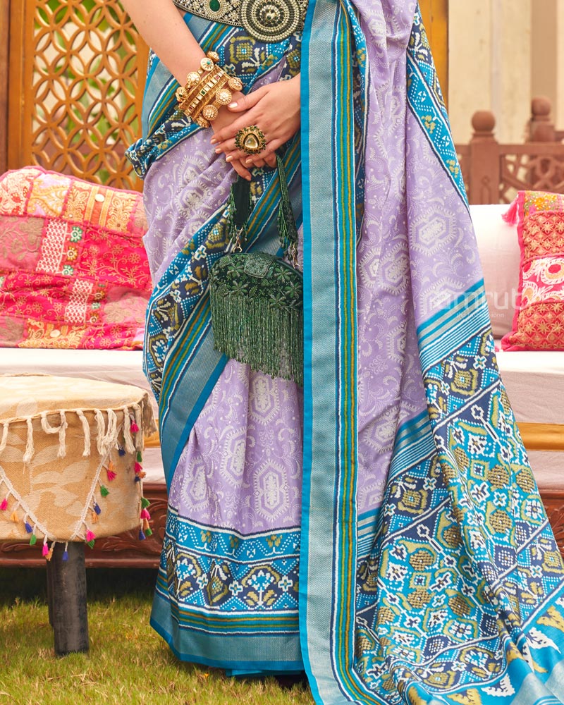 Pastel Violet Ikat Weave Printed Saree With Zari Woven Border