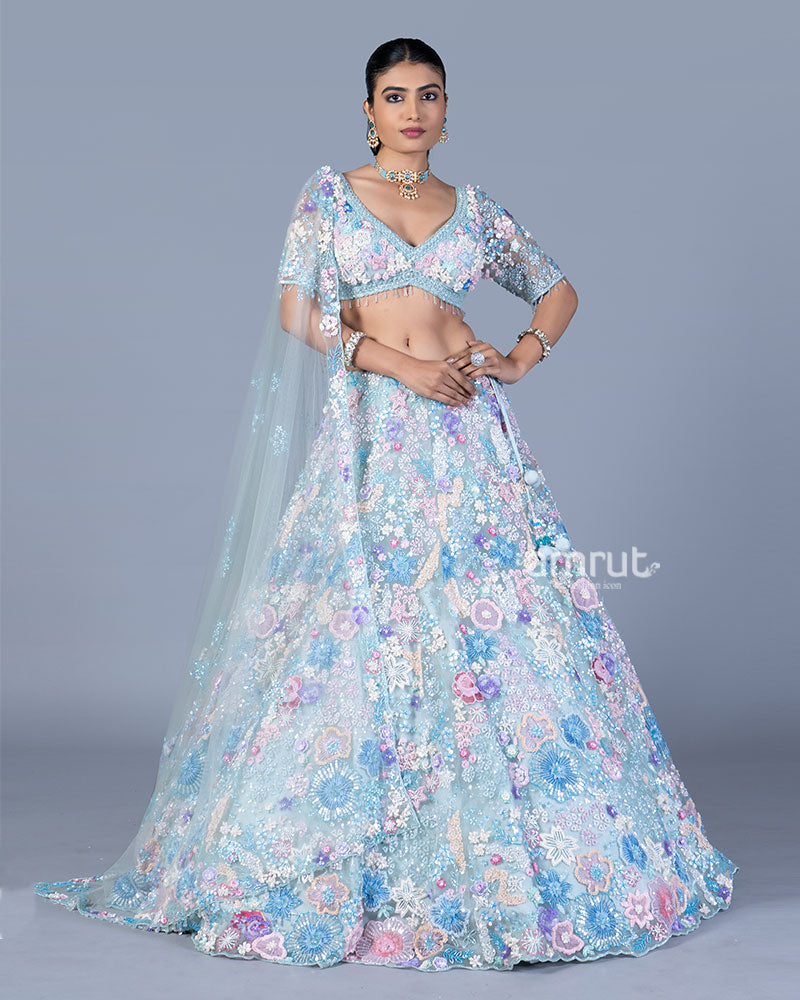 Pastel Baby Blue Embellished Lehenga Choli Set with Net Dupatta 01