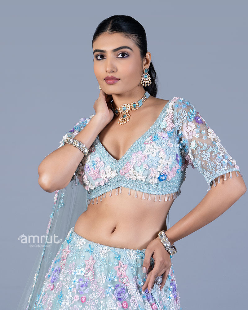 Pastel Baby Blue Embellished Lehenga Choli Set with Net Dupatta 02