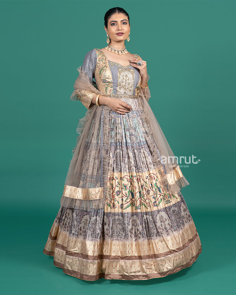 Pastel Beige Floral Embroidered Gown with Dupatta 01