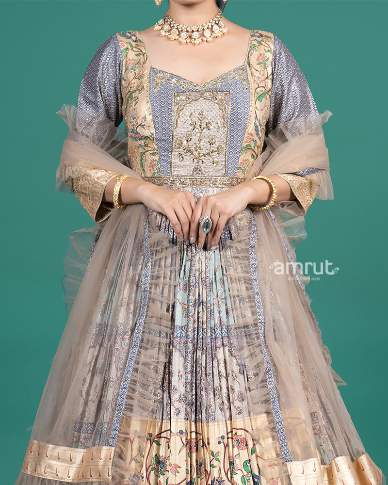 Pastel Beige Floral Embroidered Gown With Dupatta 32