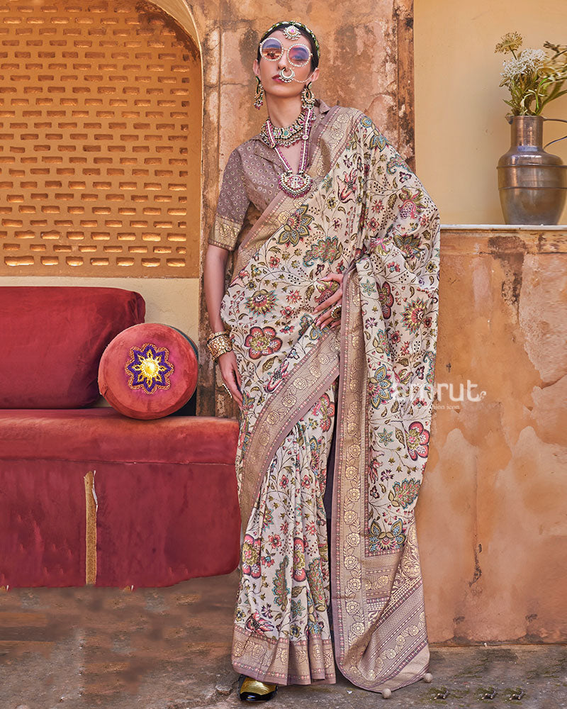 Pastel Cream Floral Printed Silk Saree with Unstitched Blouse 01