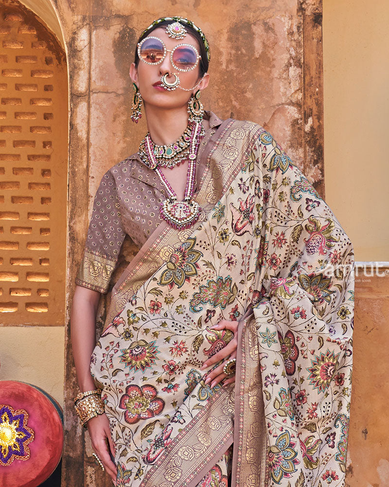 Pastel Cream Floral Printed Silk Saree with Unstitched Blouse 02