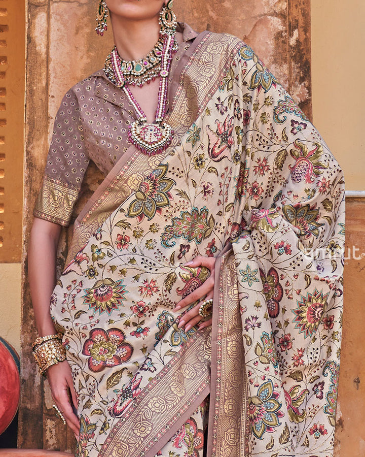 Pastel Cream Floral Printed Silk Saree with Unstitched Blouse 03