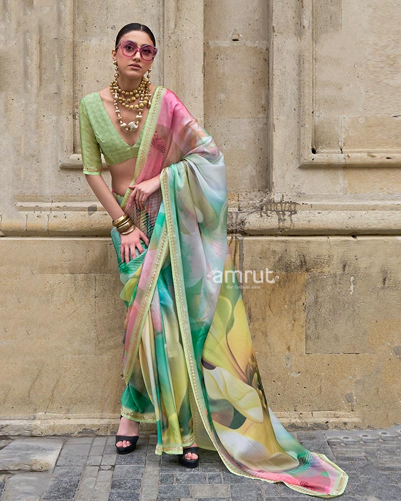 Pastel Digital Floral Print Saree with Embellished Border and Unstitched Blouse 01