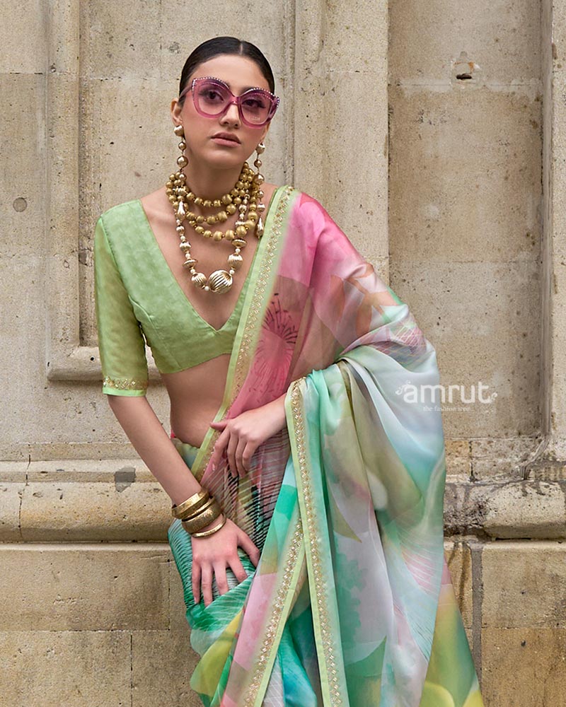 Pastel Digital Floral Print Saree with Embellished Border and Unstitched Blouse 02