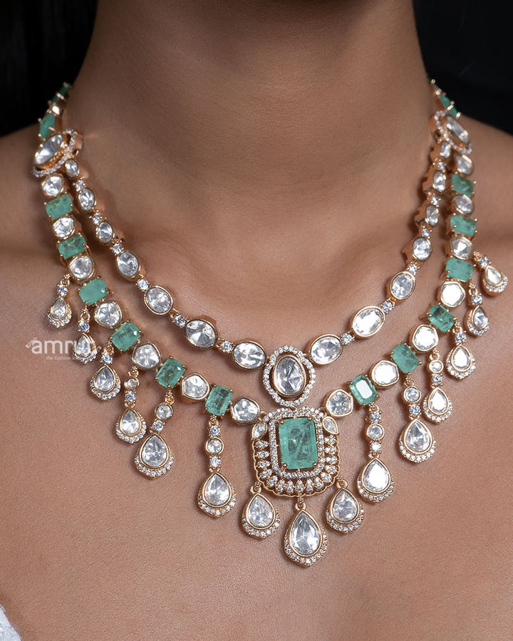 Pastel Green and White Kundan Double Layered Necklace Set 01