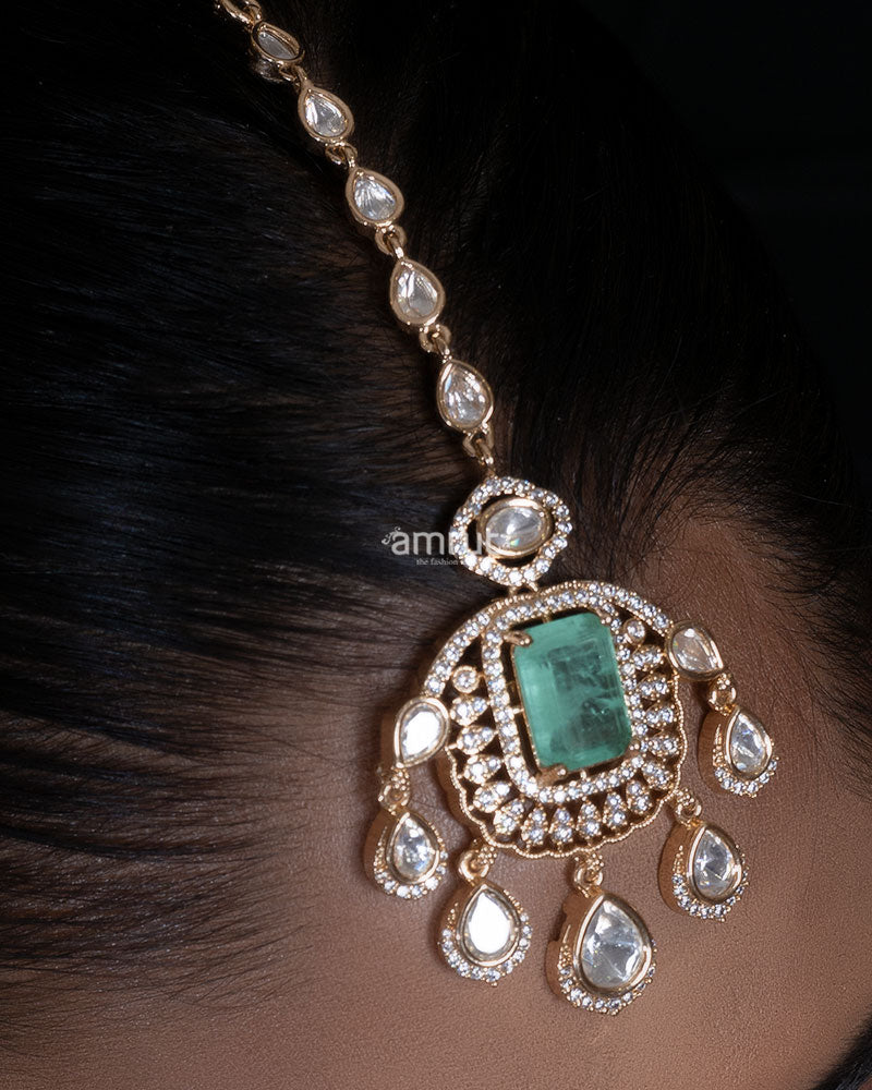 Pastel Green and White Kundan Double Layered Necklace Set 03