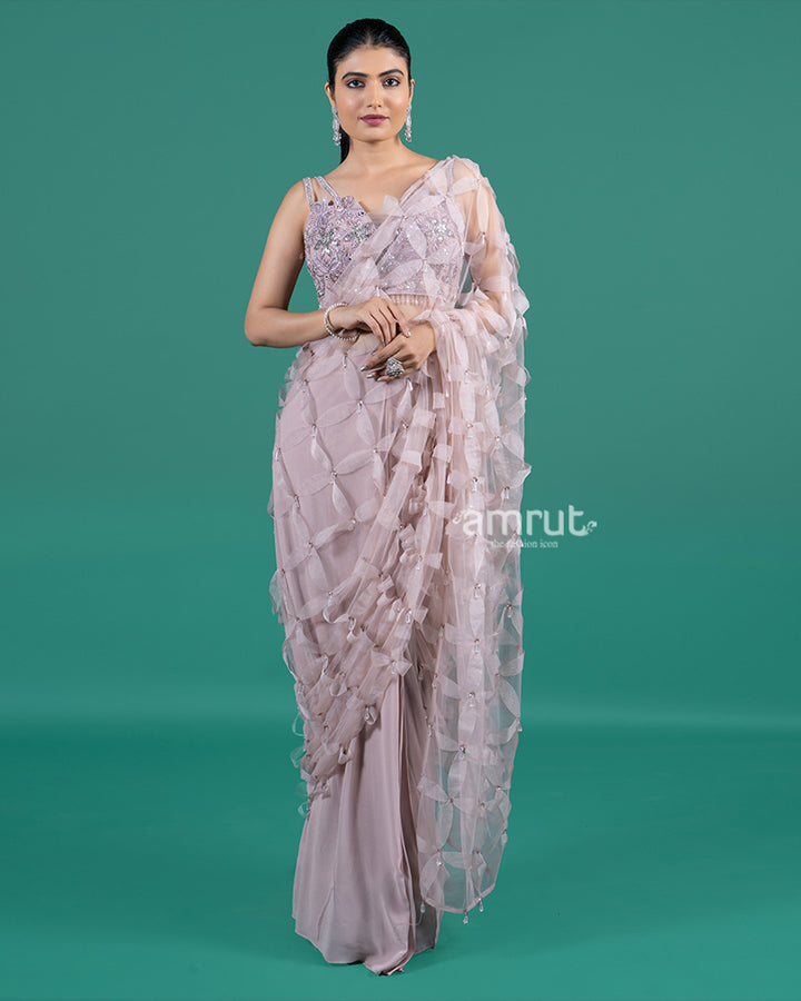 Pastel Mauve Ready to Wear Saree with 3D Ribbon Detailing and Embellished Blouse 01