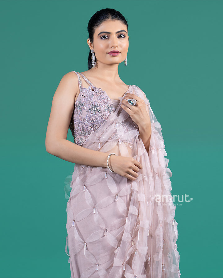 Pastel Mauve Ready to Wear Saree with 3D Ribbon Detailing and Embellished Blouse 02