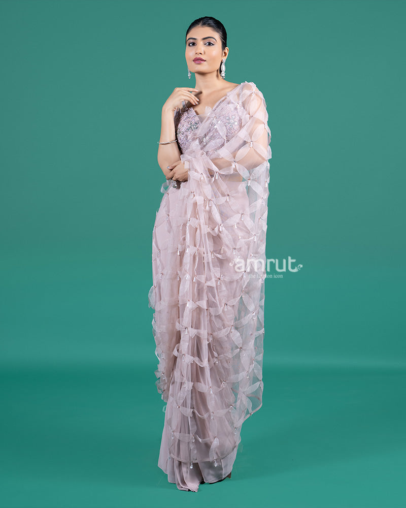 Pastel Mauve Ready to Wear Saree with 3D Ribbon Detailing and Embellished Blouse 04