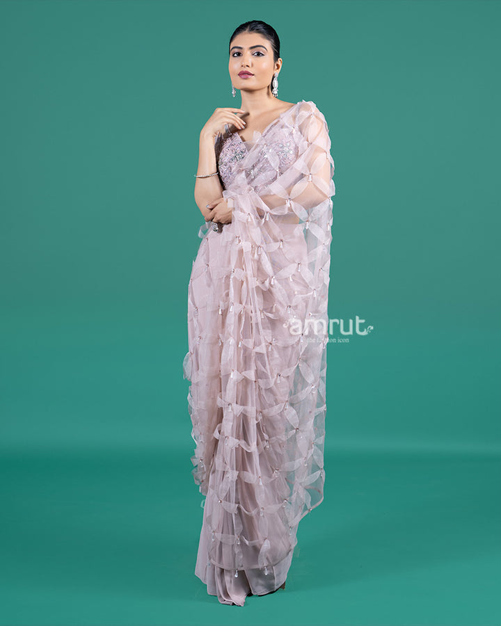 Pastel Mauve Ready to Wear Saree with 3D Ribbon Detailing and Embellished Blouse 04