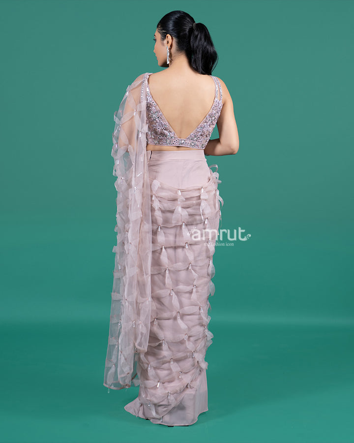 Pastel Mauve Ready to Wear Saree with 3D Ribbon Detailing and Embellished Blouse 04