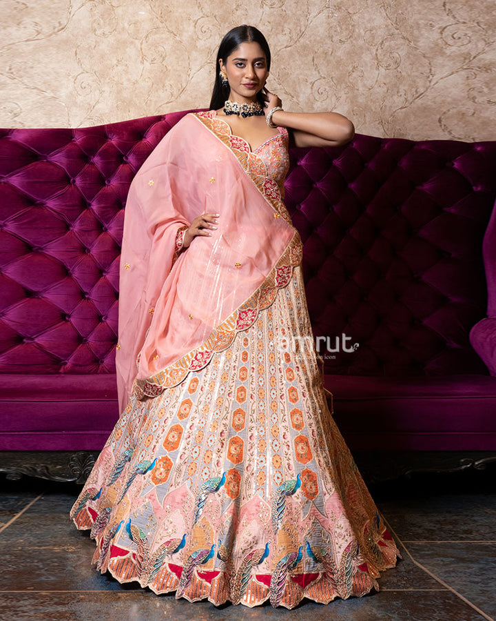 Pastel Peach Peacock Motif Embroidered Designer Lehenga Set 01
