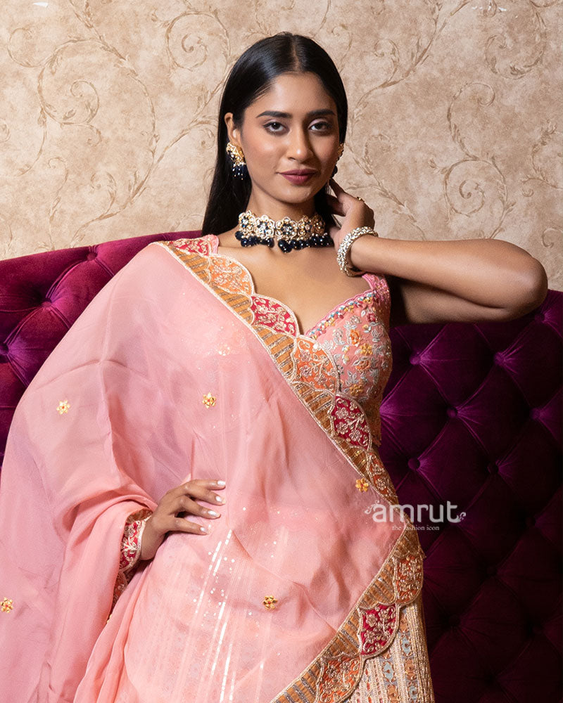 Pastel Peach Peacock Motif Embroidered Designer Lehenga Set 02