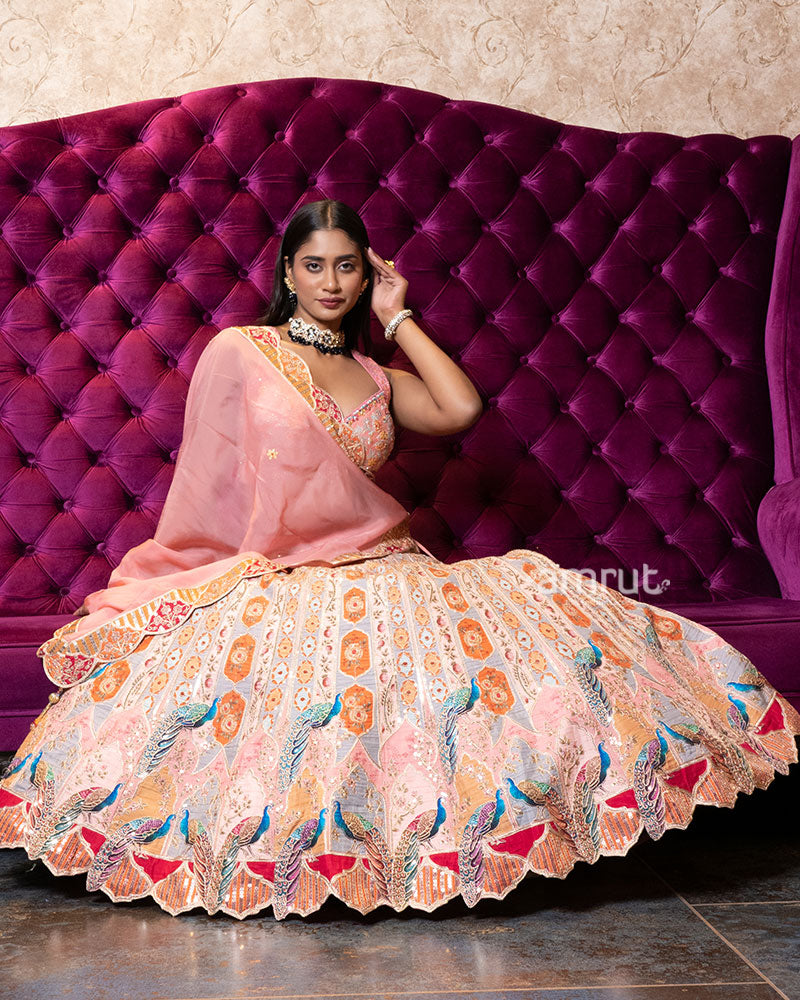 Pastel Peach Peacock Motif Embroidered Designer Lehenga Set 04