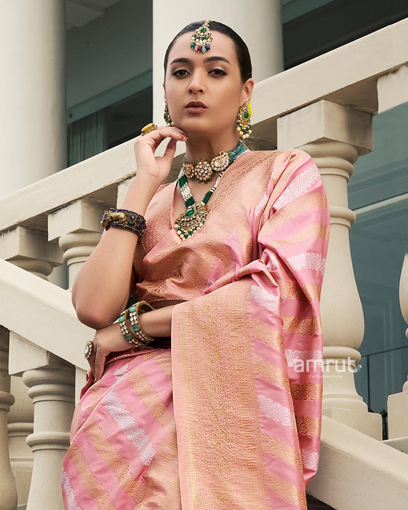 Pastel Pink Banarasi Silk Saree with Zari Weaving and Unstitched