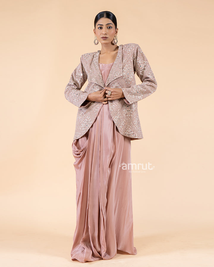 Pastel Pink Drape Skirt Set with Top and Coordinating Jacket(01)
