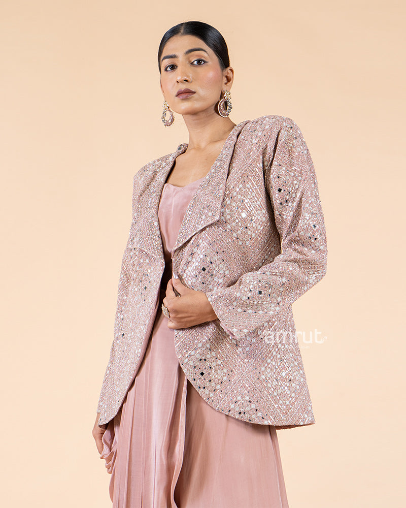 Pastel Pink Drape Skirt Set with Top and Coordinating Jacket(02)