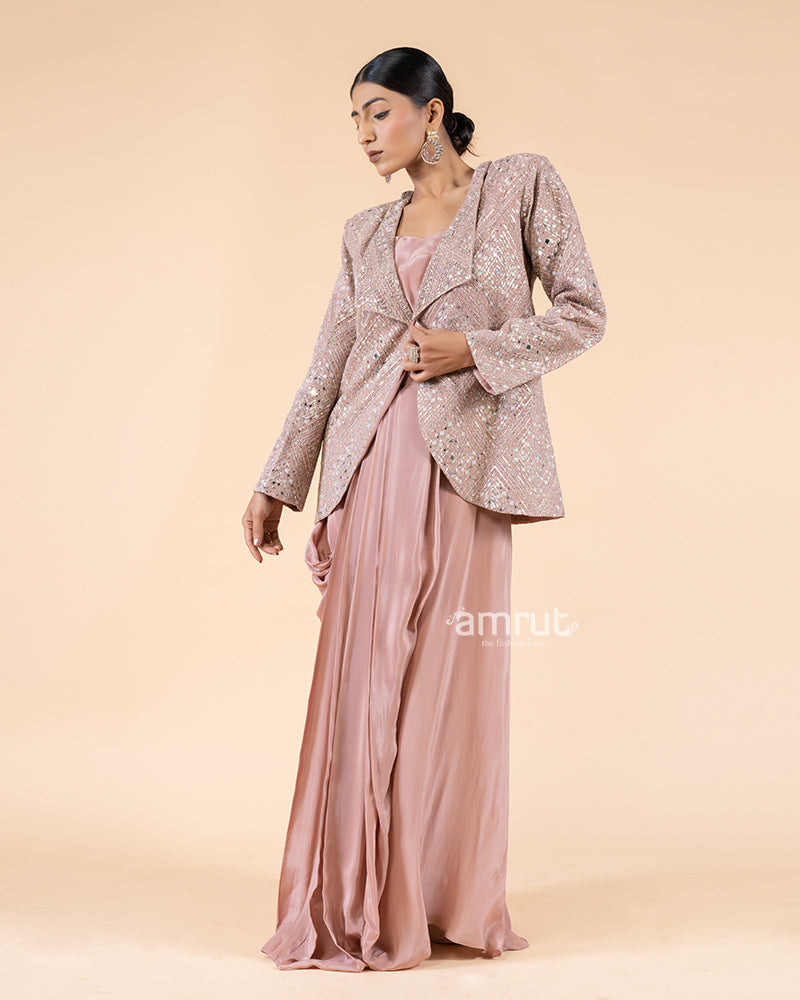 Pastel Pink Drape Skirt Set with Top and Coordinating Jacket(04)